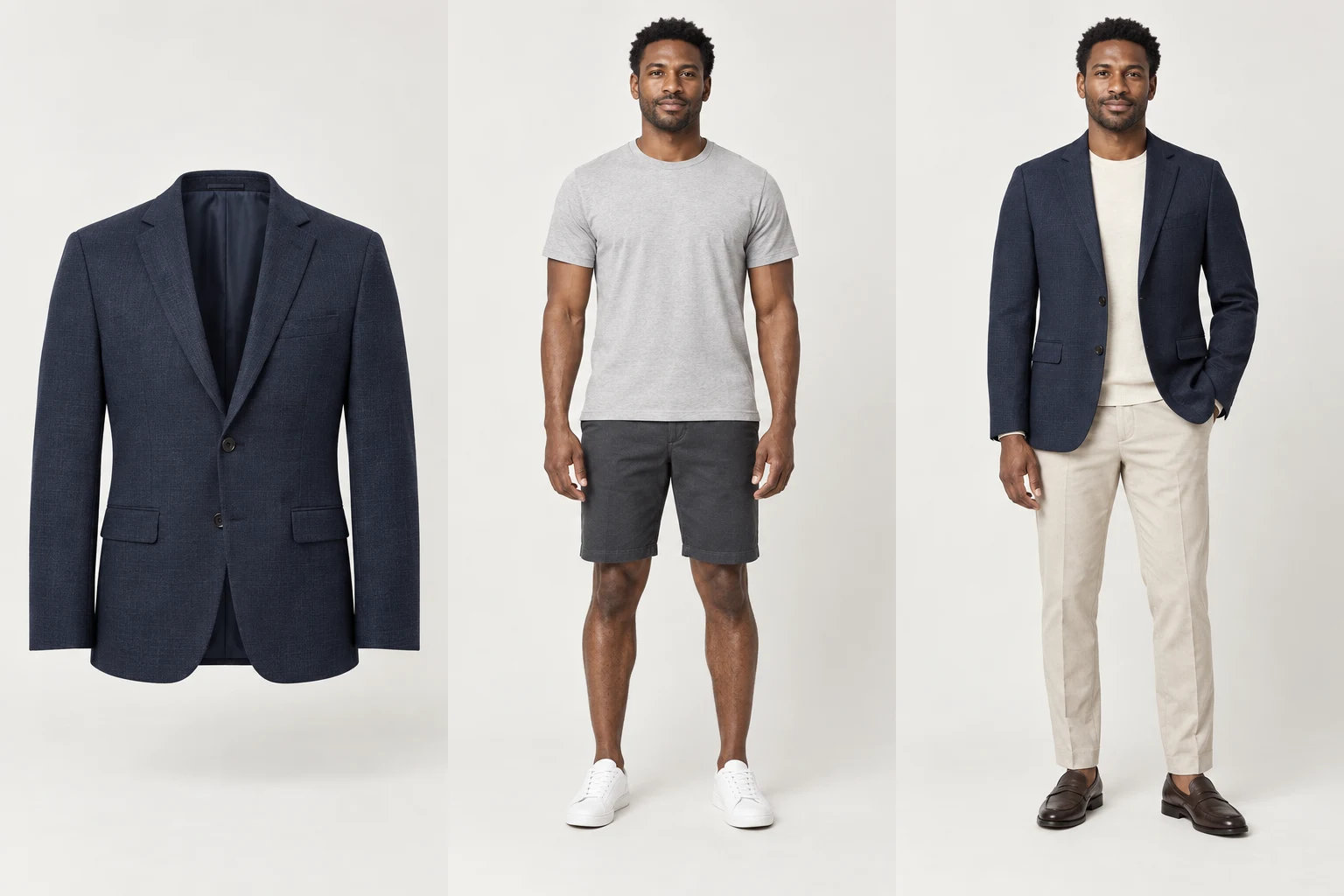 Navy blazer, model in basics, and the same model styled in that exact garment