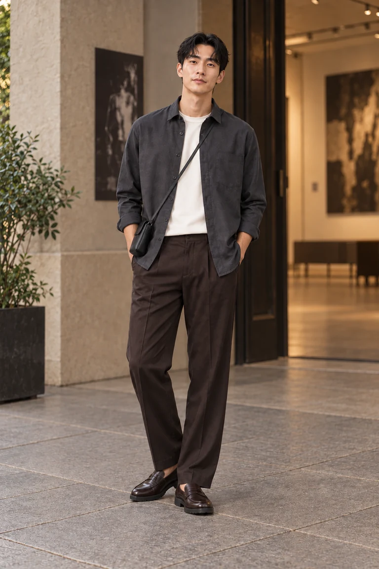 Date outfit featuring the same charcoal shirt